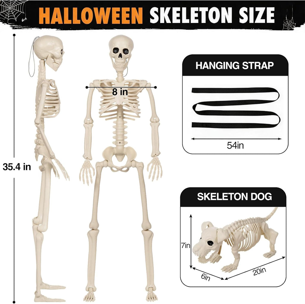 3PC 35.4" Halloween Skeleton with Dog, Posable Skeleton with Full Body Movable Joints for Halloween Decor, Well Made Hanging Plastic Skeleton for Indoor Outdoor Yard, Patio,Front Porch