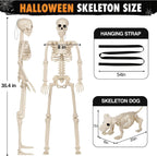 3PC 35.4" Halloween Skeleton with Dog, Posable Skeleton with Full Body Movable Joints for Halloween Decor, Well Made Hanging Plastic Skeleton for Indoor Outdoor Yard, Patio,Front Porch