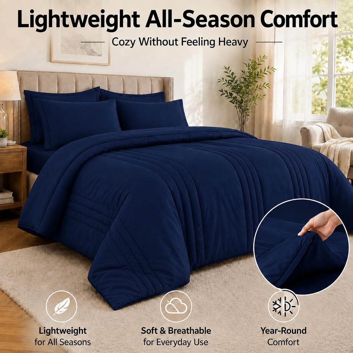 Queen Comforter Set with Sheets Navy Blue, 7 Pieces Bed in a Bag