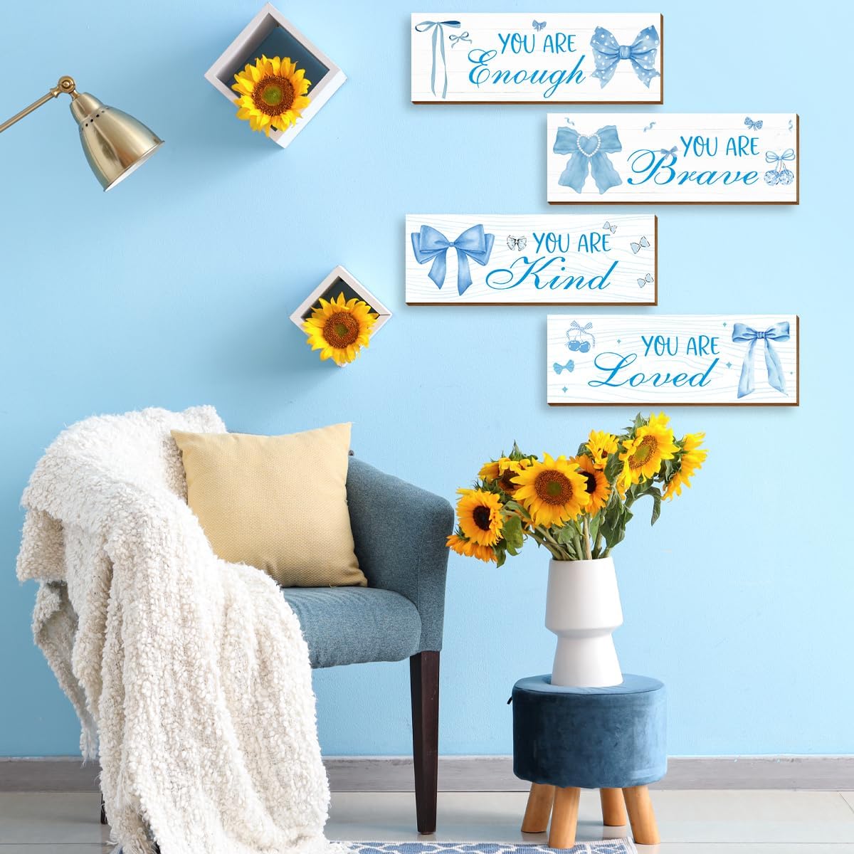 4 Pcs Blue Coquete Bow Room Decor, Teen Girls Trendy Preppy Wall Art Aesthetic for Bedroom Bathroom Decor, Inspirational Positive Affirmations