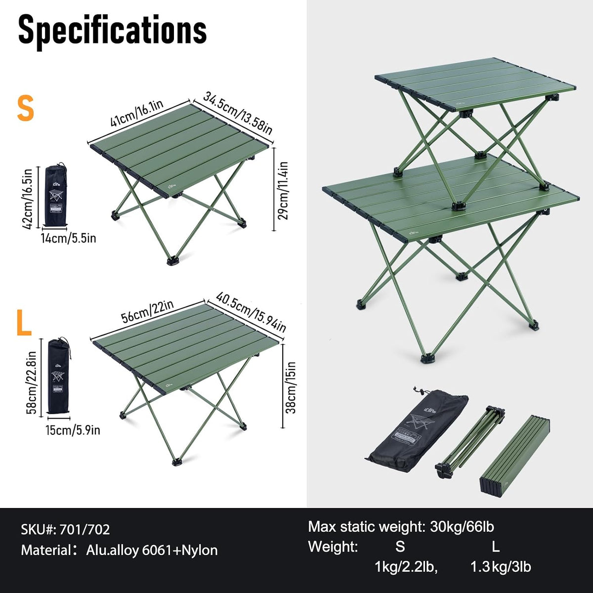 iClimb Ultralight Compact Camping Folding Table (Green - S)