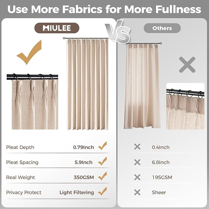 MIULEE Pinch Pleated Thick Linen Curtains 102 Inches Long 2 Panels - Image 6