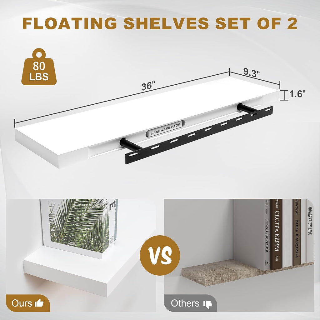 Fun Memories Floating Shelves, 9.3'' Deep Solid Pine Wood Wall Shelves for Storage, Wall Mounted Display Shelf with Invisible Heavy-Duty Metal Bracket, 36'' Width Set of 2, White