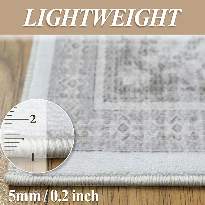 8x10 Rug - Cream & Grey Area Rug - Foldable Non Slip Vintage Rugs - Image 6