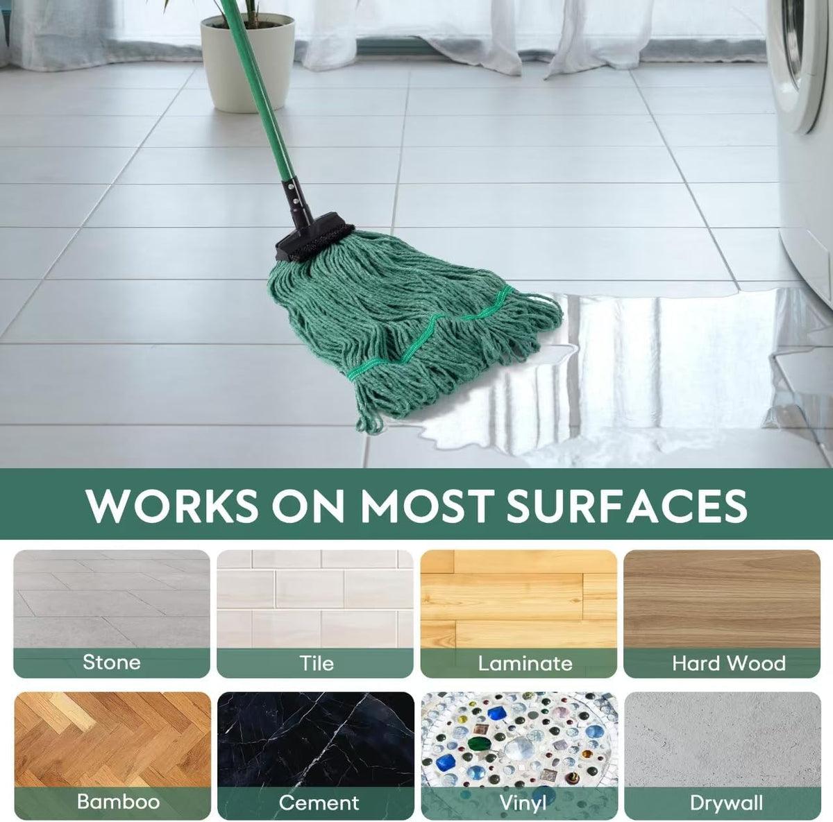 Matthew Large Heavy Duty Mop Head Commercial Replacement for General and Floor Cleaning, Screw-on Wet Industrial Cotton Looped End String Head Refill (Green 6Pack) w/Built-in Flexible Bristle Brush