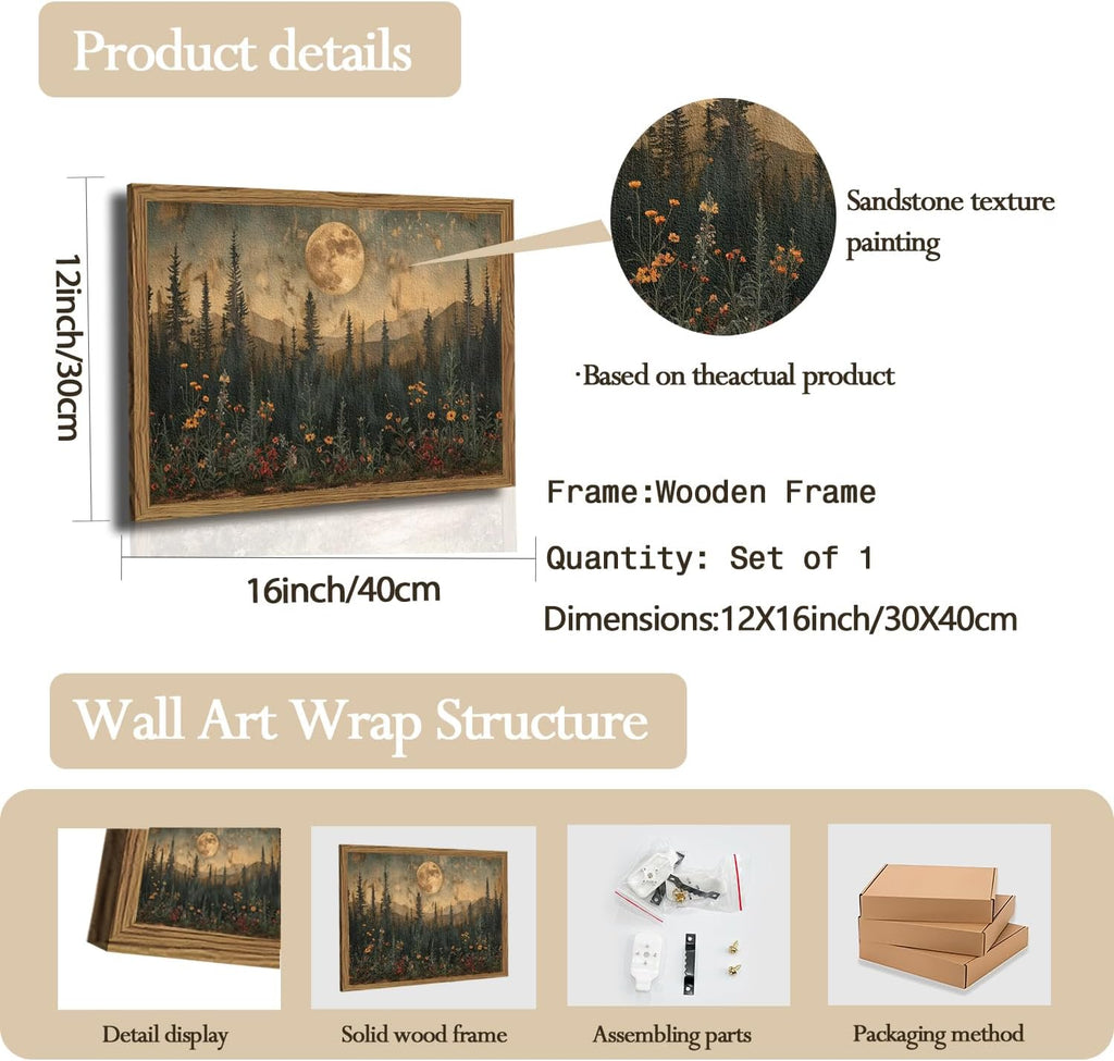 Vintage Nature Forest Wall Art Dark Moon Landscape Painting Wall Decor Woodland Picture Artwork 3D Textured Hand Drawn Sandstone for Farmhouse Bedroom Living Room 12x16 inch Wood Framed