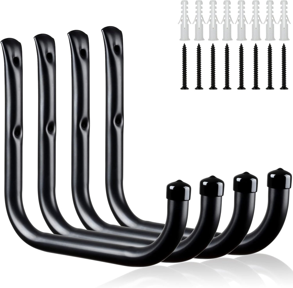 Wall Hooks for Garage Garden, 4 Pack Water Hose Holder, Large Garage Storage Hanger for Ladder Bike Extension Cord Tool, Wall Mount l Hooks, Black Heavy Duty 8 inch Long Hook