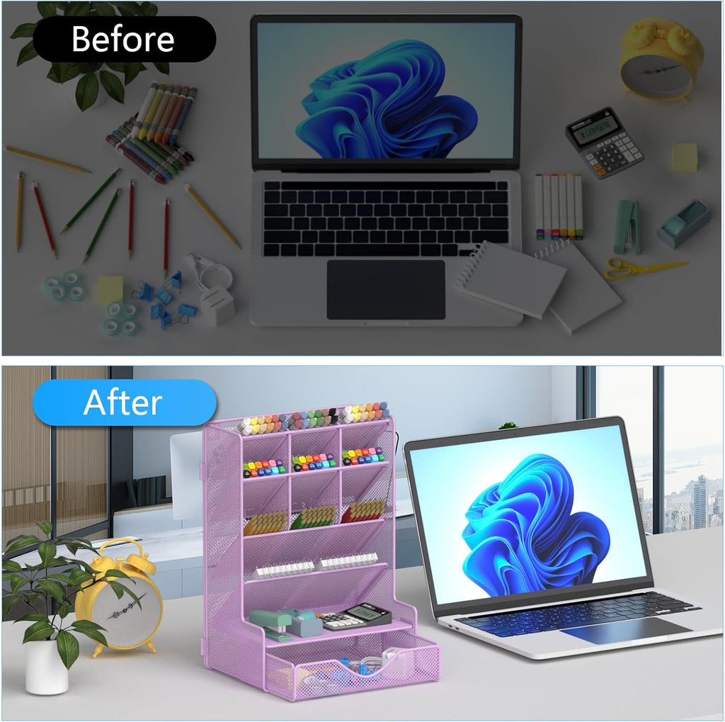 Pen Organizer for Desk, Multi-Functional Desk Organizer, Wall Mount Pen Holder with Drawer for School, Office, Home, Art Supplies, Purple
