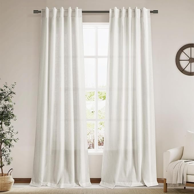 Cream Semi Sheer Linen Curtains 102 Inch Long Curtains Back Tab Rod Pocket 2 by Nanspring