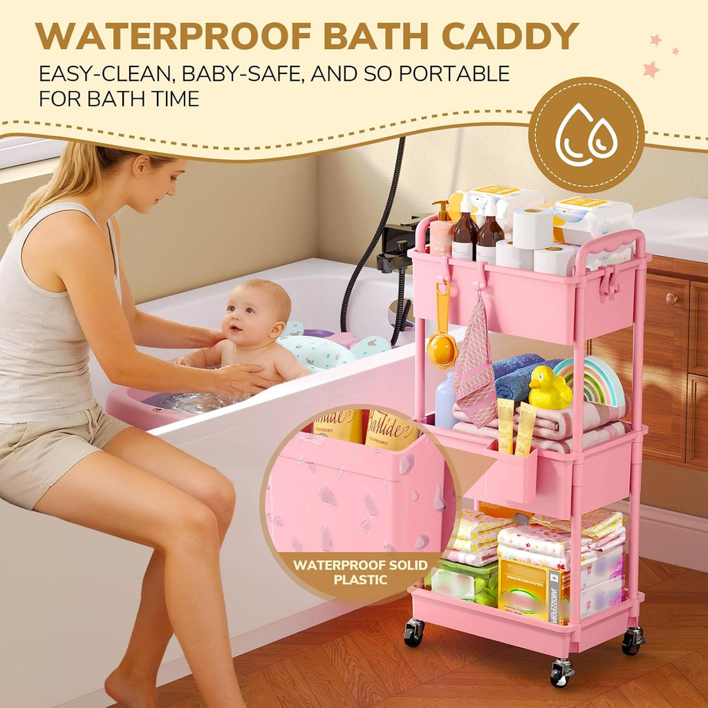 Diaper Cart with Lockable Wheels and Easy Assembly, 3 Tier Pink