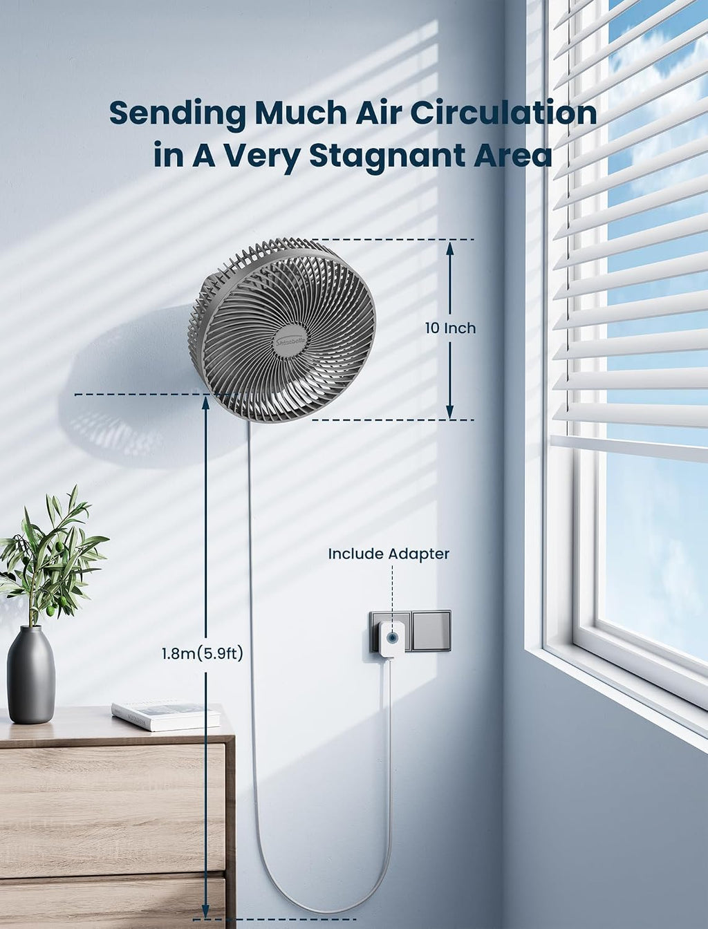 10 Inch Quiet Wall Mount Oscillating Fan with Remote & Timer, 4-Speed Portable Air Circulator for RV Indoor Use, Adjustable Tilt with 5.9ft Adapter, 90° Cooling for Home Office Bedroom Bathroom