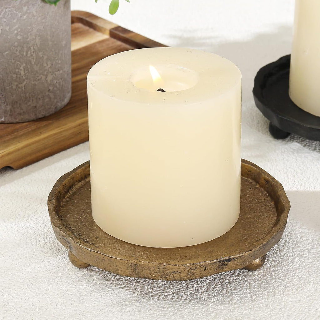 Vintage Cast Iron Pillar Candle Holder Plate, Rustic Brass Candle Tray