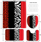 4PCS Leopard Print Shower Curtain Set with Rug, Toilet Lid Cover and Bath Mat,Red Black Splice Shower Curtain with 12 Hooks, Complete Bathroom Accessories Decor Set