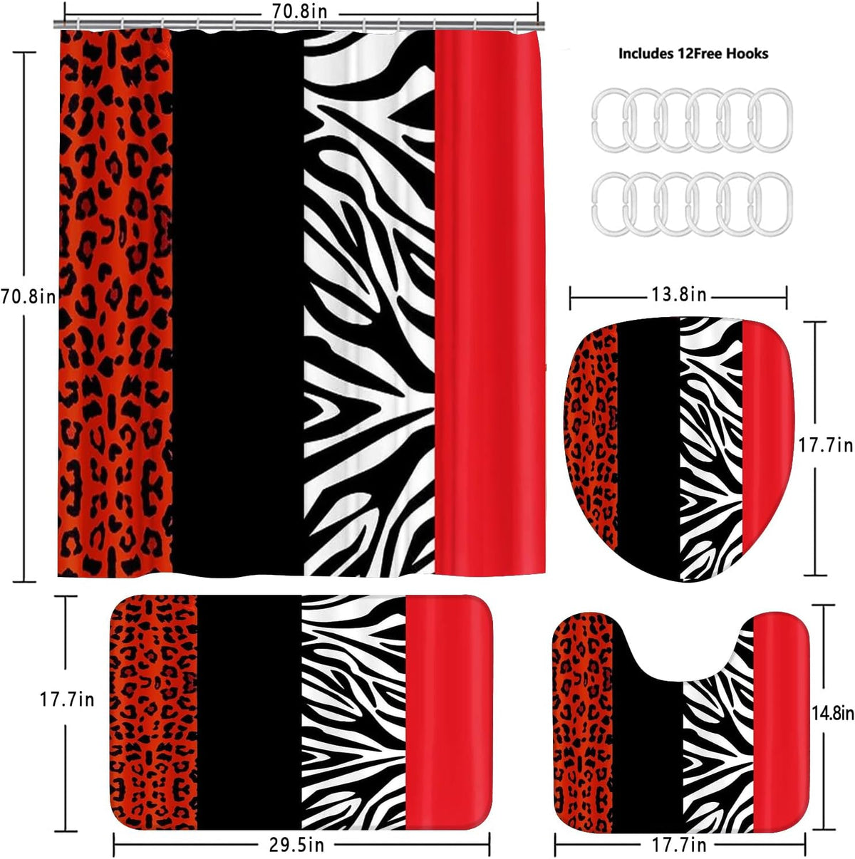 4PCS Leopard Print Shower Curtain Set with Rug, Toilet Lid Cover and Bath Mat,Red Black Splice Shower Curtain with 12 Hooks, Complete Bathroom Accessories Decor Set