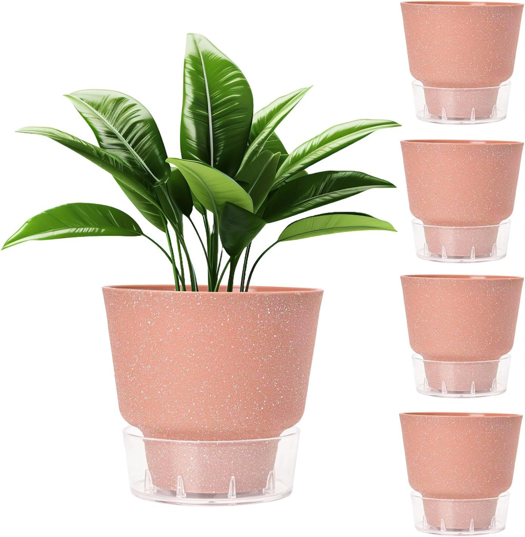2024 Upgraded 5 Pack 6-Inch Self-Watering Planter Pots with Deep Reservoir for Indoor and Outdoor Plants with Planting Tools (Frosted Black)