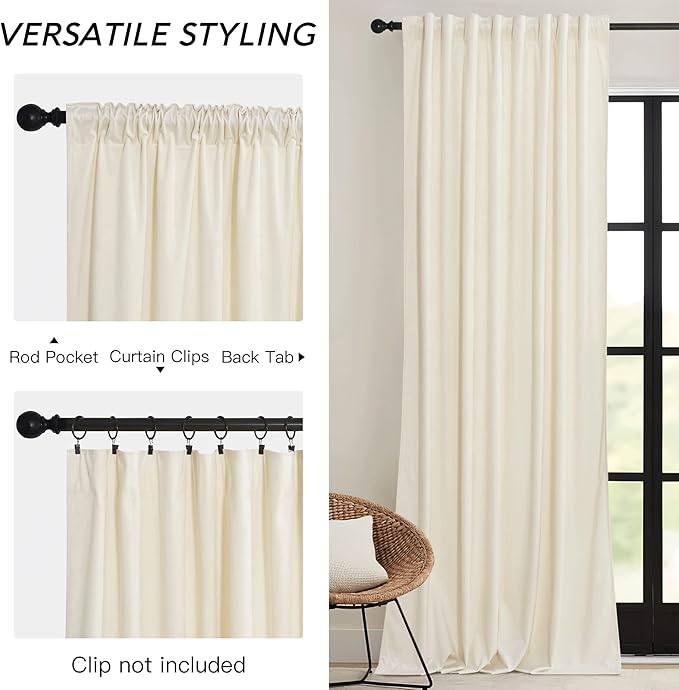 RYB HOME Cream Velvet Curtains 84 inch, Light Dimming White Window Curtains - Image 3
