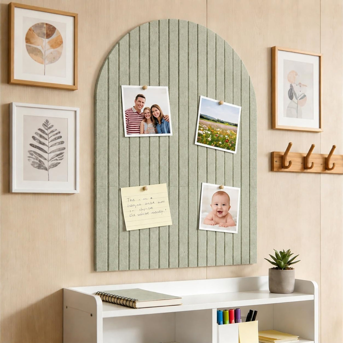 Large Arched Felt Bulletin Board, Sized 36" x 24" for Office & Wall Decor – 6 Customizable Adhesive Tiles with Pins are Perfect to Display Your Photos (Sage Green)