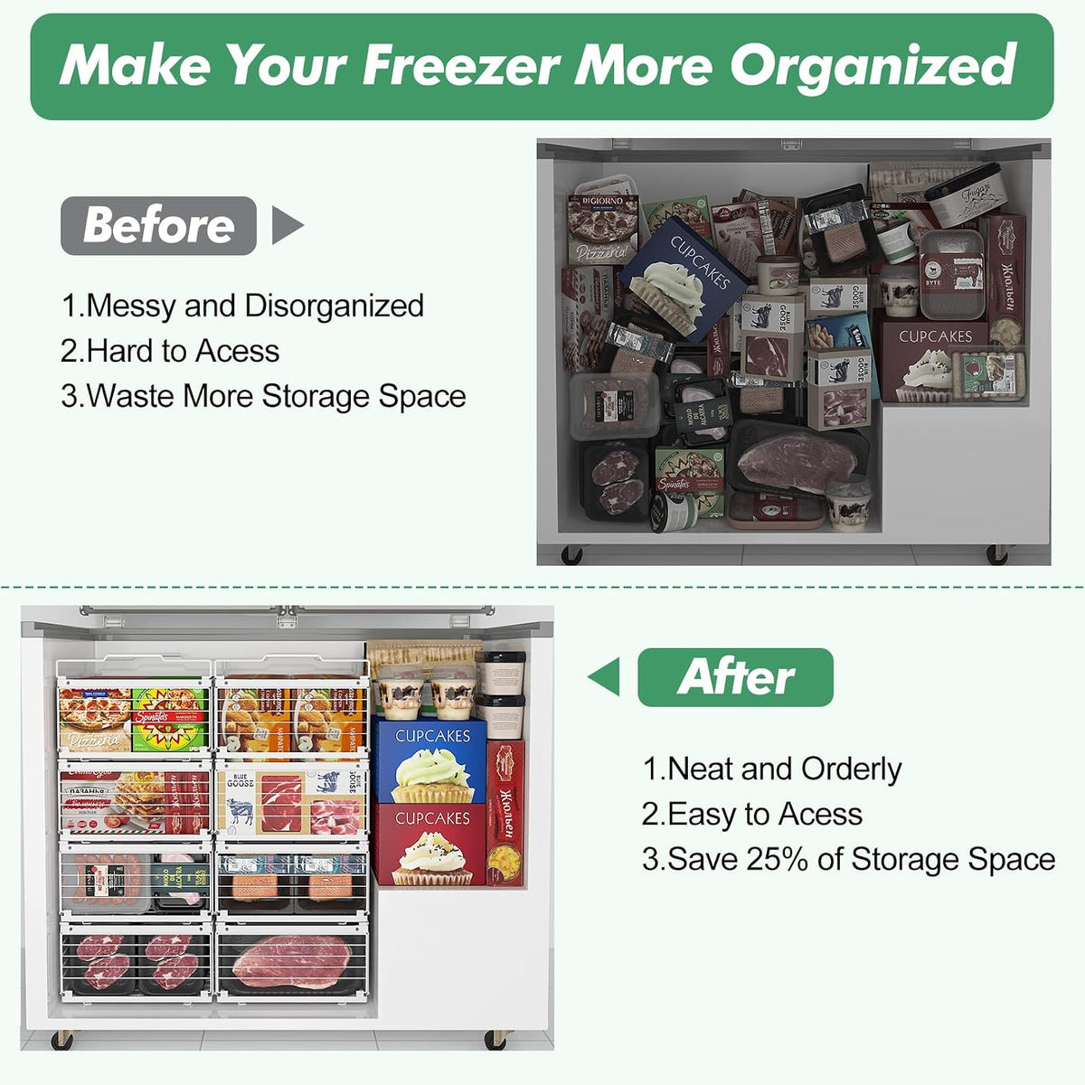 ADRIMER Freezer Organizer Bins, 4 Packs Foldable & Stackable Chest Freezer Organizer Bins with Adjustable Length 11-17.3", Metal Wire Storage Baskets for Upright Freezer, Deep Freezer, Pantry, White