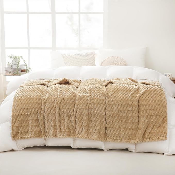 Beige Throw Blanket 50"×60" inches Fuzzy 3D Jacquard Decorative Flannel Fleece - Image 3