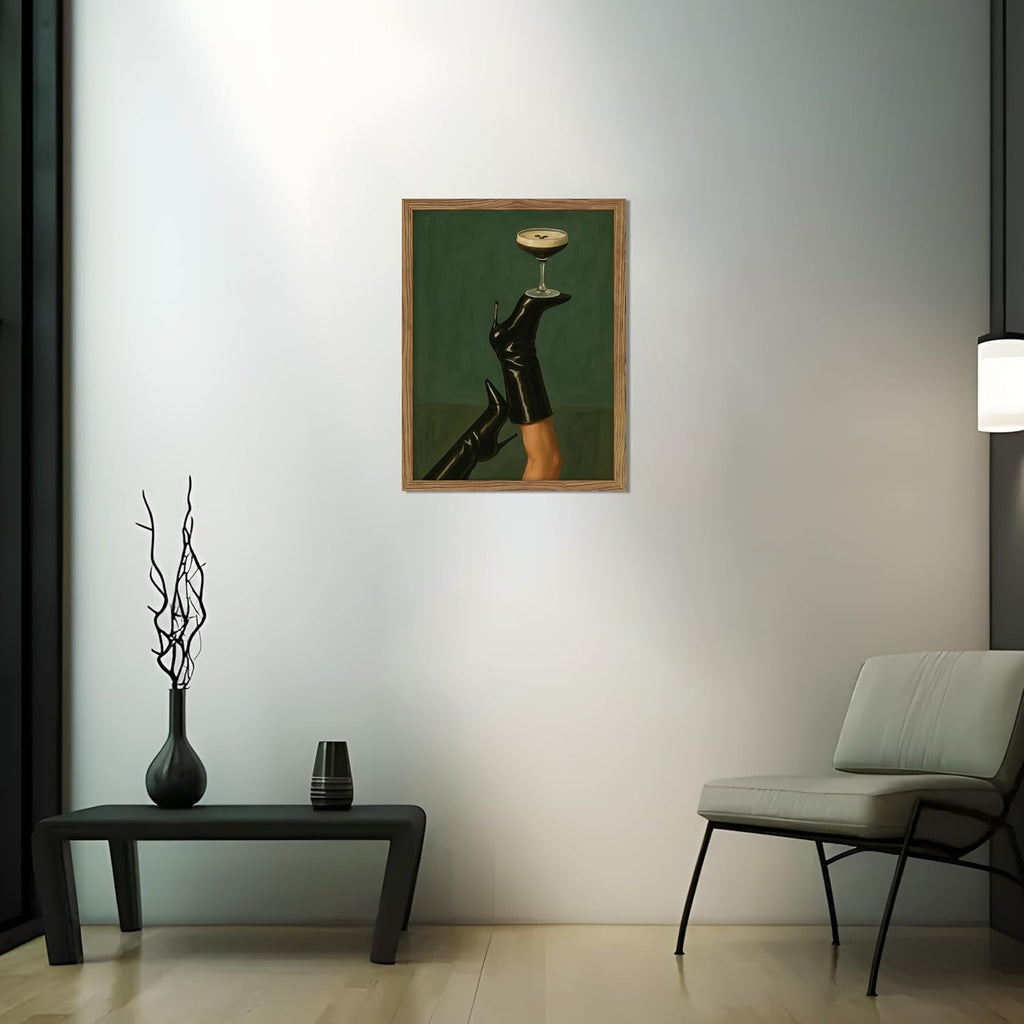 Framed Vintage Cocktail Wall Art, Espresso Martini on Black Boots Canvas Print, Feminine Moody Cocktail Picture Poster, Bar Cart Wall Decor Painting Art for Bedroom Living Room 12x16 inch