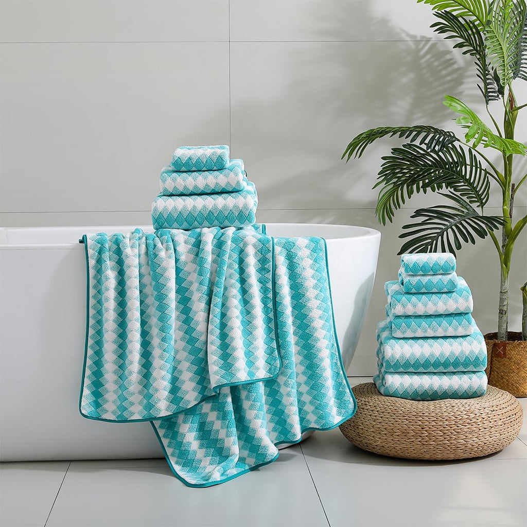 12 Pcs Aqua White Diamond Towel Set-4 Bath Towels,4 Hand Towels,4 Washcloths Soft Polyester Towels with Loop Absorbent Shower Towel Quick Dry Beach Chair Towel Family Towels for Bathroom Spa Gym Pool