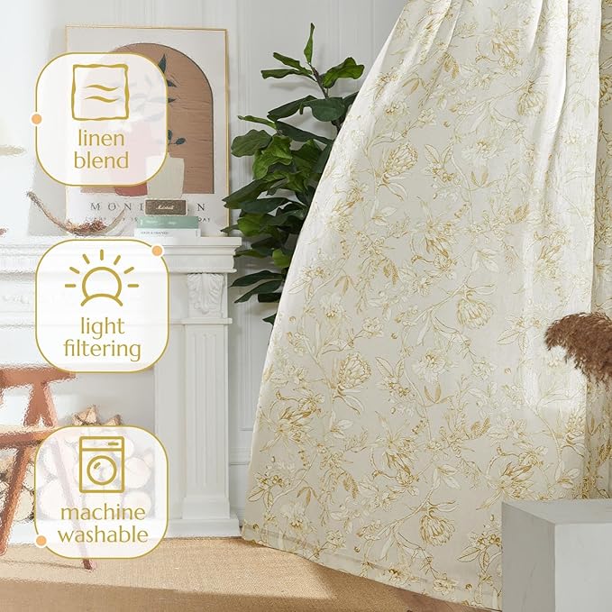 jinchan Floral Curtains 84 Inches Long Mustard Yellow Flower Linen Farmhouse - Image 7