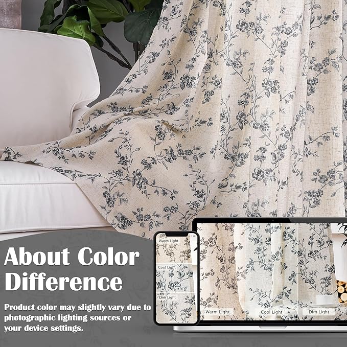 Lazzzy Farmhouse Linen Curtains Black Floral Curtains 90 Inch Length Back Tab - Image 7