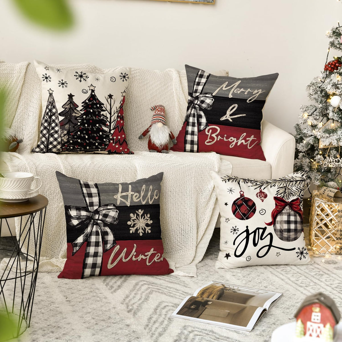 Merry Christmas Joy Xmas Trees Red Throw Pillow Covers, 20x20 Inch Christmas Winter Holiday Cushion Case Decoration for Sofa Couch Set of 4