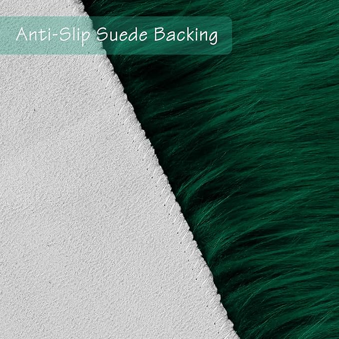 duduta Emerald Green Faux Fur Rug 3x5 ft, Fluffy Shag Rectangular Sheepskin Rug - Image 3