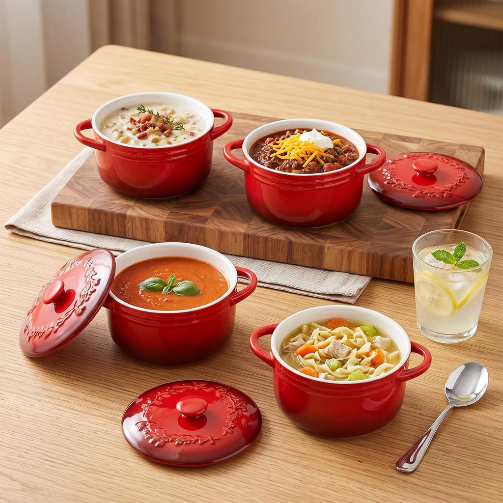 Mini Cocotte 16oz Ceramic Casserole Dishes with Handles & Lid,Set of 4 Oven Microwave Dishwasher Safe Ramekins