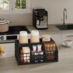 Coffee Station Organizer for Countertop, Wood Coffee Bar Organizer with Removable Dividers for Pods, Syrup, Cups, Stirrer, Tea - Office Bar Accessories, Iron Wire-Black