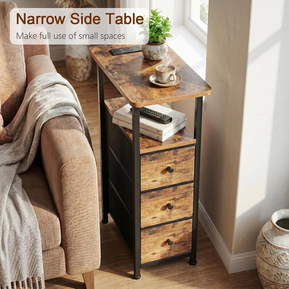 LOAKEKEL Narrow End Tables Living Room Set of 2 with Charging Station