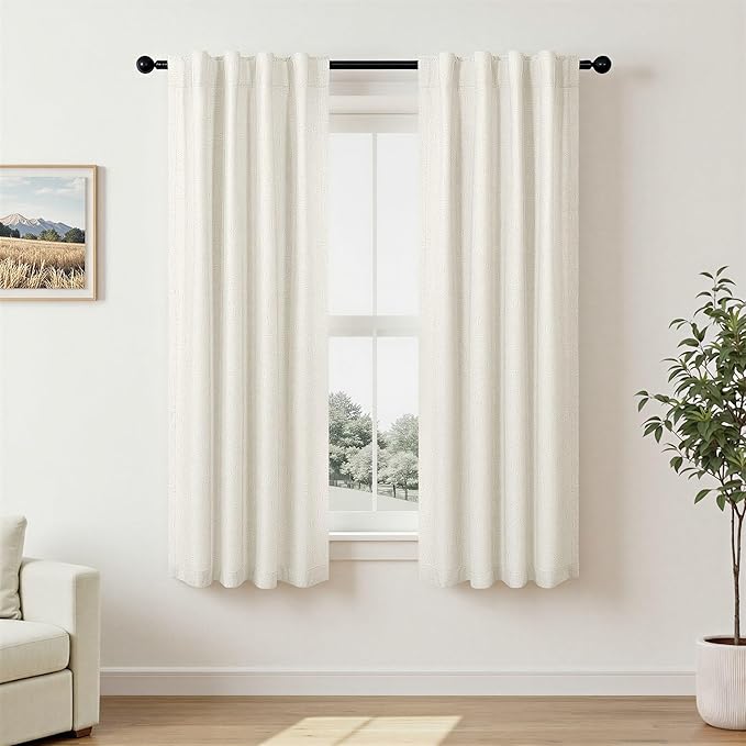Pitalk 100% Blackout Cream Ivory Linen Curtains 48 Inches Long Linen Textured - Image 2