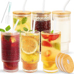 Glass Cups Set with Straw/Bamboo Lid, 12 oz Stackable Serving Drinking Glasses, Ideal for Whiskey/Cocktails/Juice/Coffee/Beer, Dishwasher Safe, 3 Patterns of Vintage Glassware Sets (6 Pcs)