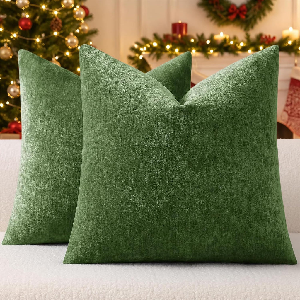 decorUhome Soft Chenille Moss Green Throw Pillow Covers 18X18 Set of 2