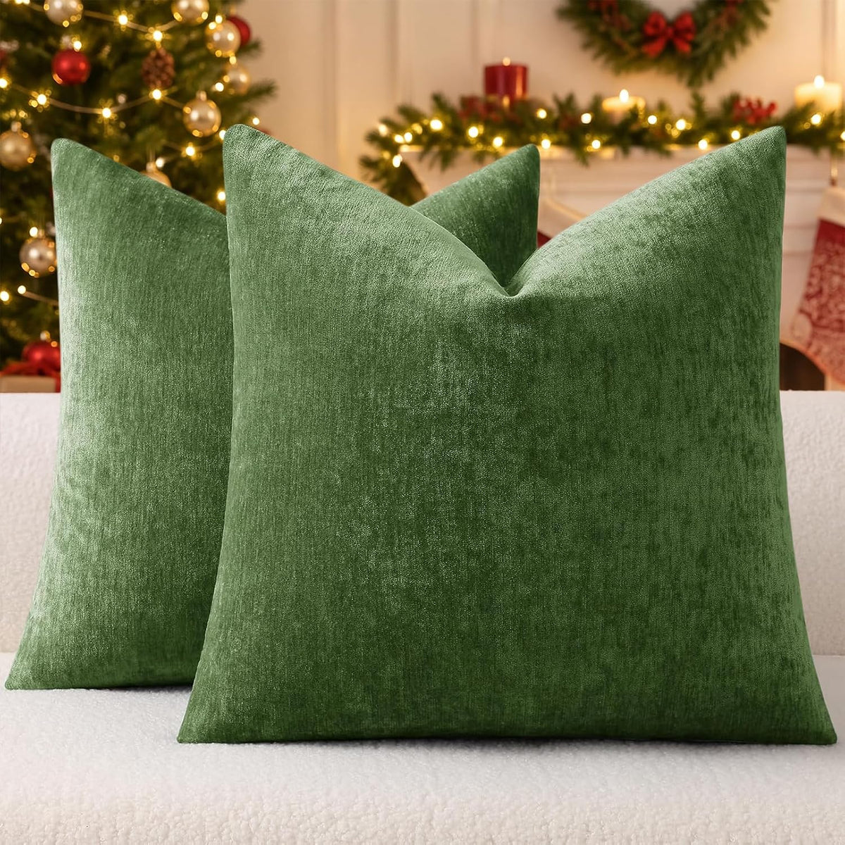 decorUhome Soft Chenille Moss Green Throw Pillow Covers 18X18 Set of 2