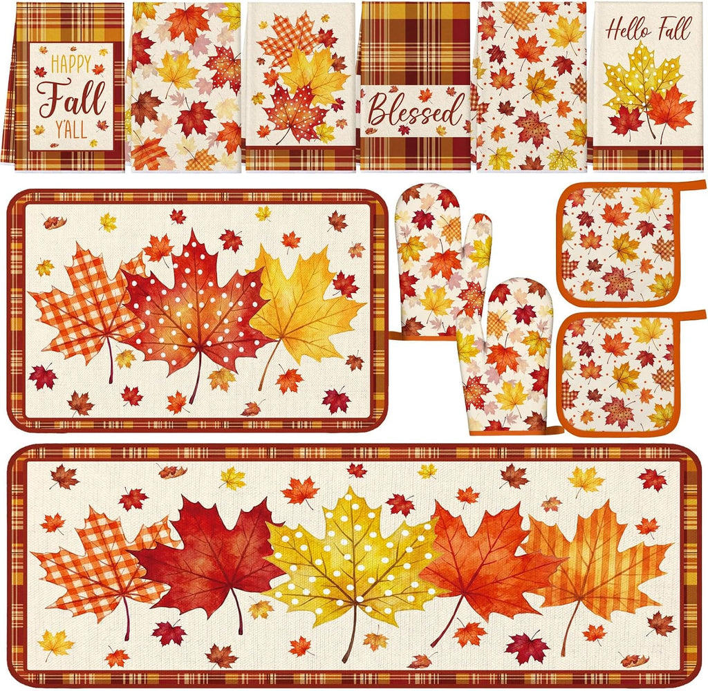Bencailor 12 Pcs Fall Kitchen Decor Sets 6 Maple Leaves Kitchen Towels 2 Rugs 2 Pot Holder and Oven Mitts for Autumn Home Decorations Accessories Gifts