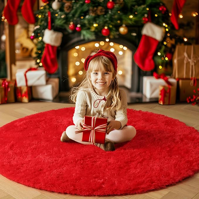 Amdrebio Red Round Rug 5Ft for Boys Bedroom, Fluffy Fuzzy Circle Area Rugs for - Image 8