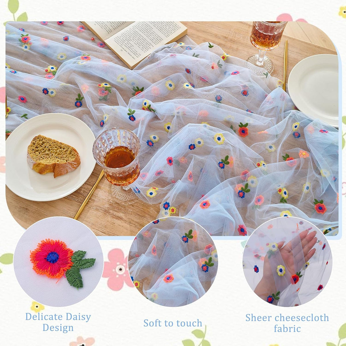 BINBE 6pcs Daisy Spring Table Runner Embroidery Gauze 10FT Florals Seasonal Tulle Holiday Birthday Kitchen Dining Table Decor for Home Party Blue