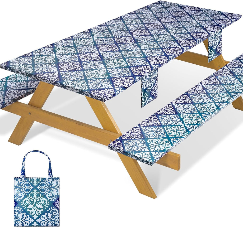 Fitted Waterproof Picnic Table Cover with Bench Covers Elastic Reusable Camping Table Cloths for 6Ft Rectangle Tables Summer Camp Motorhome Party Gear Outdoors Car Travel Trailer Gadgets Gift