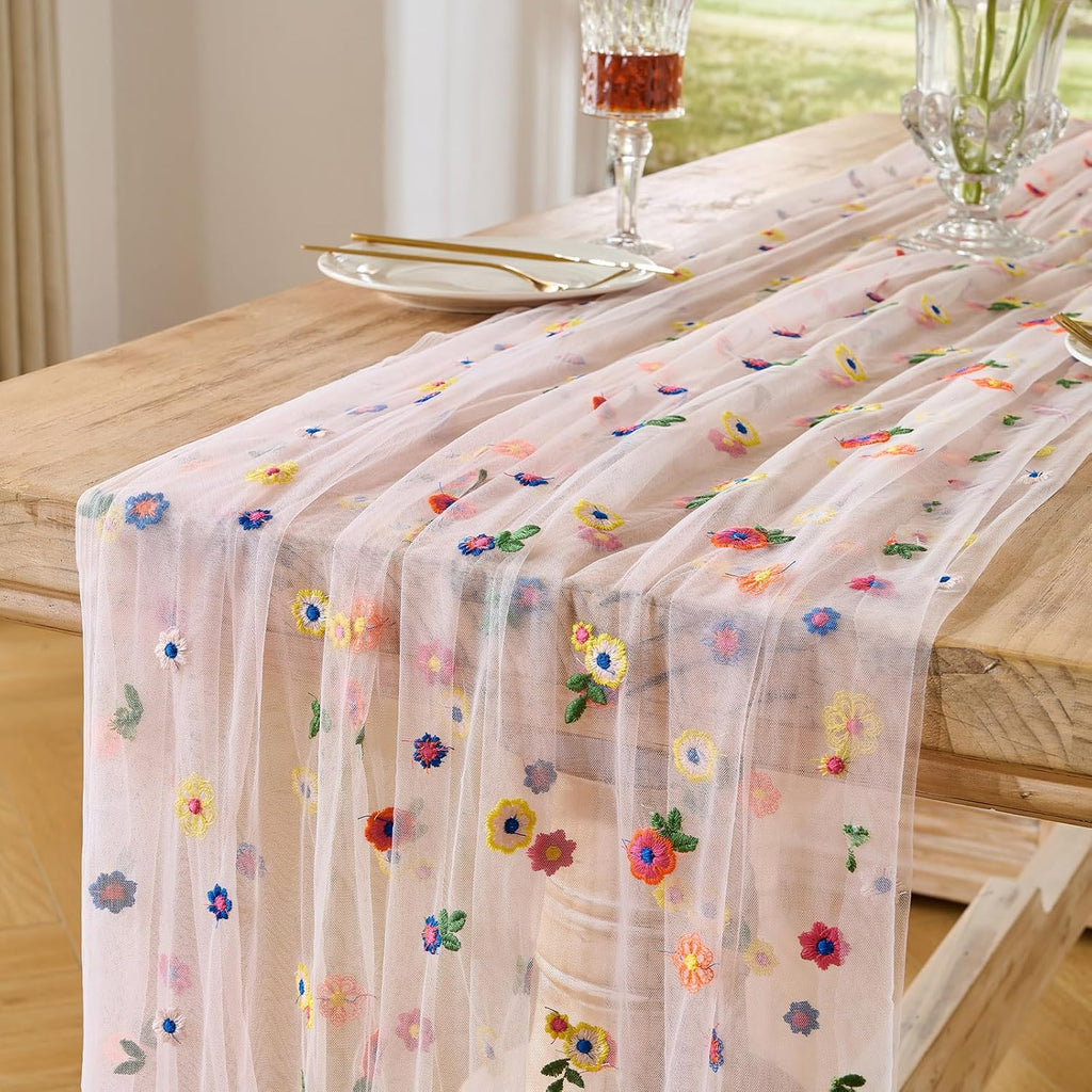 BINBE 6pcs Pink Daisy Spring Table Runner Embroidery Gauze 10FT Florals Seasonal Tulle Holiday Birthday Kitchen Dining Table Decor for Home Party