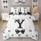 Erosebridal Black Bow Initial K Twin Bedding Set with Sheets - Coquette Ribbon Bows Comforter Set 7 Piece for Girls Kids, Black and White Bow Tie Fitted Flat Sheet, Personalized Bowknot Bed in a Bag
