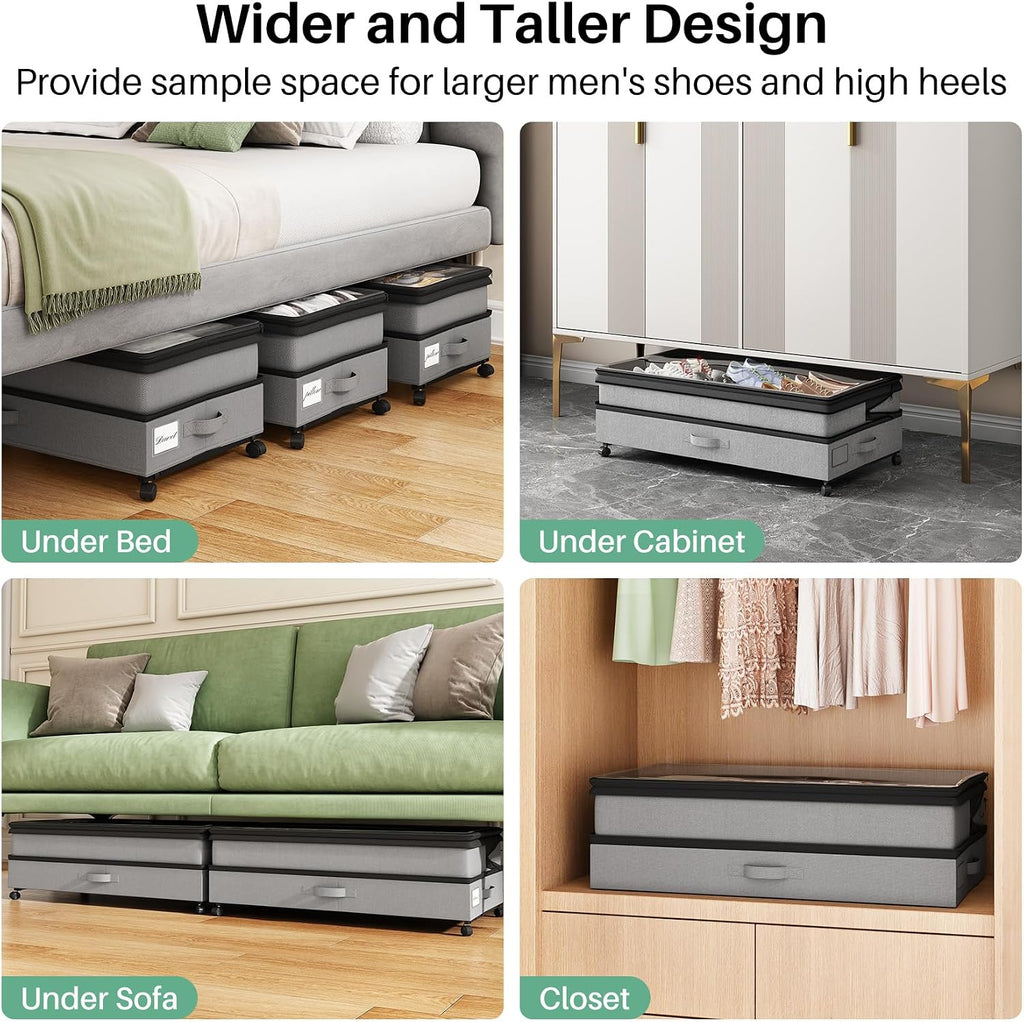 Kitstorack Under Bed Storage with Wheels 2Pack Height-adjustable Under Bed Storage Containers,Under Bed Shoe Storage Organizer with Clear Window&Label, Suitable for Clothes Storage, Gray