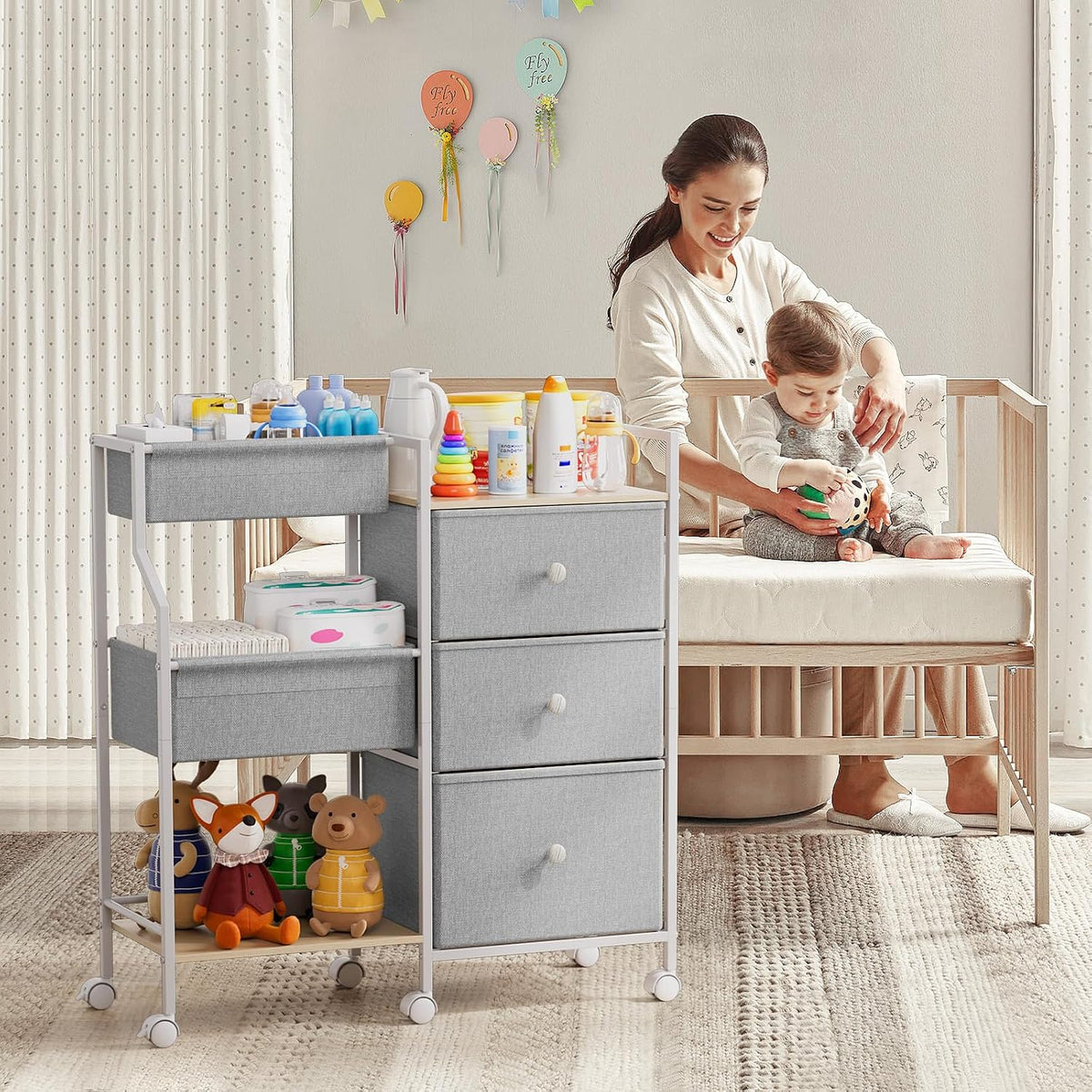 Baby Diaper Caddy Organizer Rolling Cart with Drawers, Light Gray