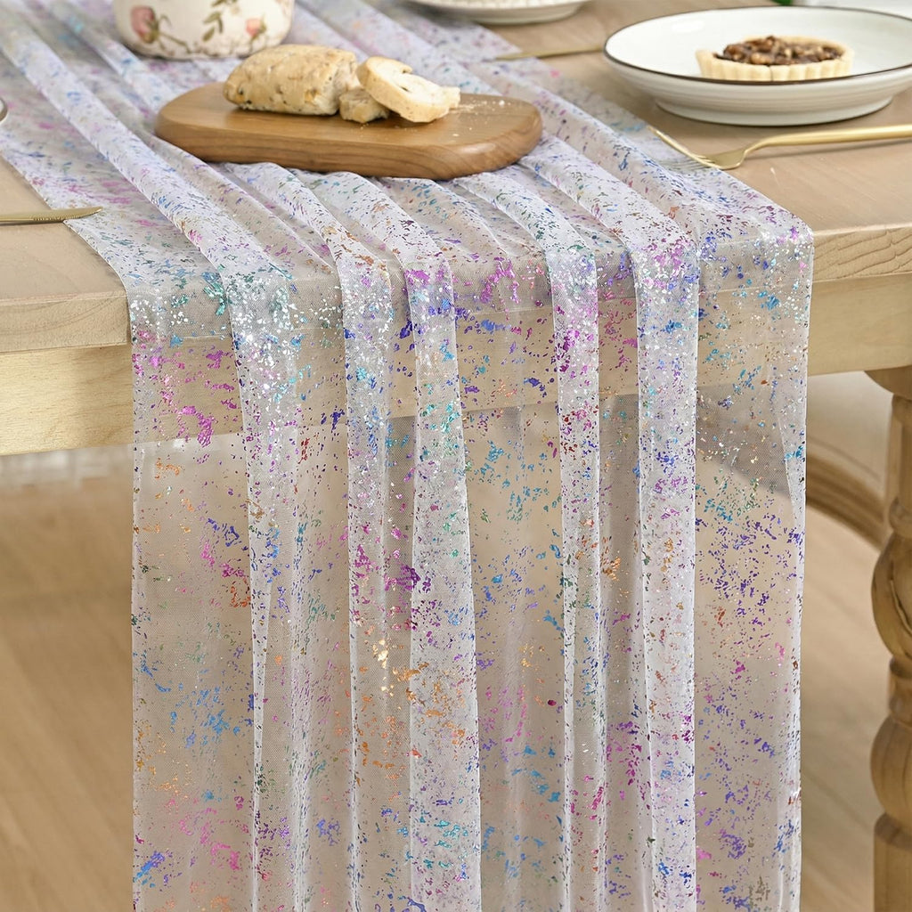 Artoid Mode 10PCS Blue Gold Gauze Table Runner 120 Inch 10FT, Glitter Metallic Foil Sheer Dining Wedding Anniversary Holiday Table Decor for Home Party