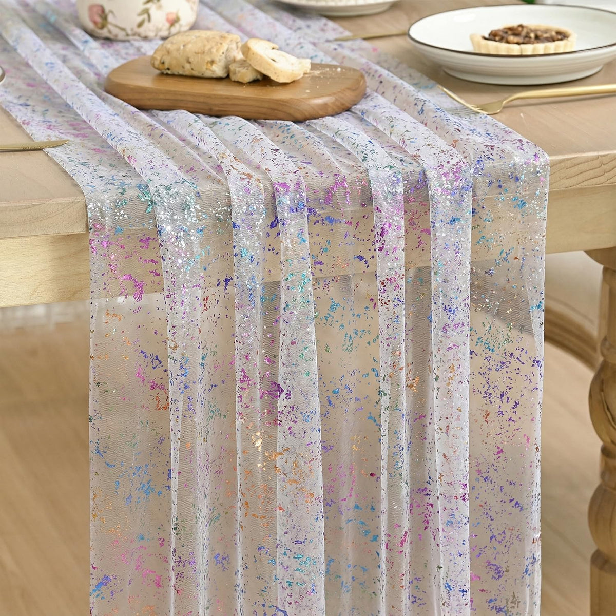 Artoid Mode 10PCS Blue Gold Gauze Table Runner 120 Inch 10FT, Glitter Metallic Foil Sheer Dining Wedding Anniversary Holiday Table Decor for Home Party