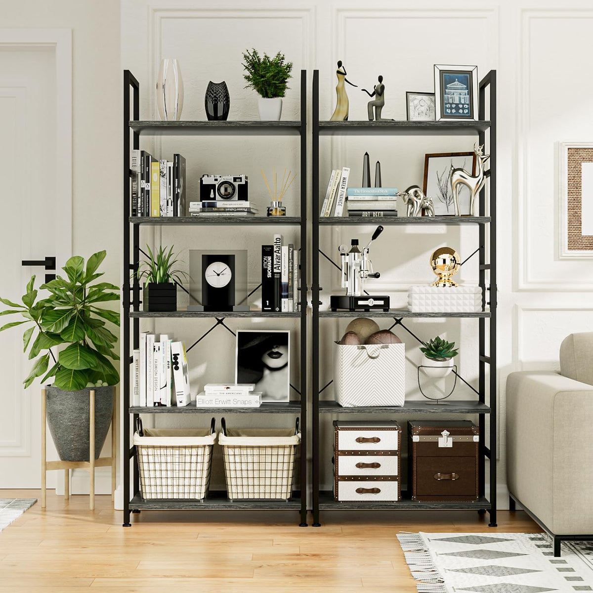 NUMENN 5 Tier Bookshelf, Tall Freestanding Open Storage Bookcase, Dark Grey
