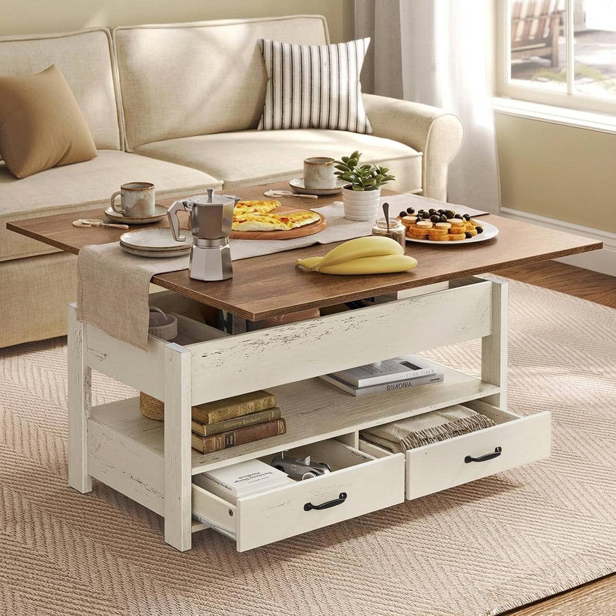 VASAGLE Lift Top Coffee Table, 3 in 1 Center Table with Storage, 2 Drawers