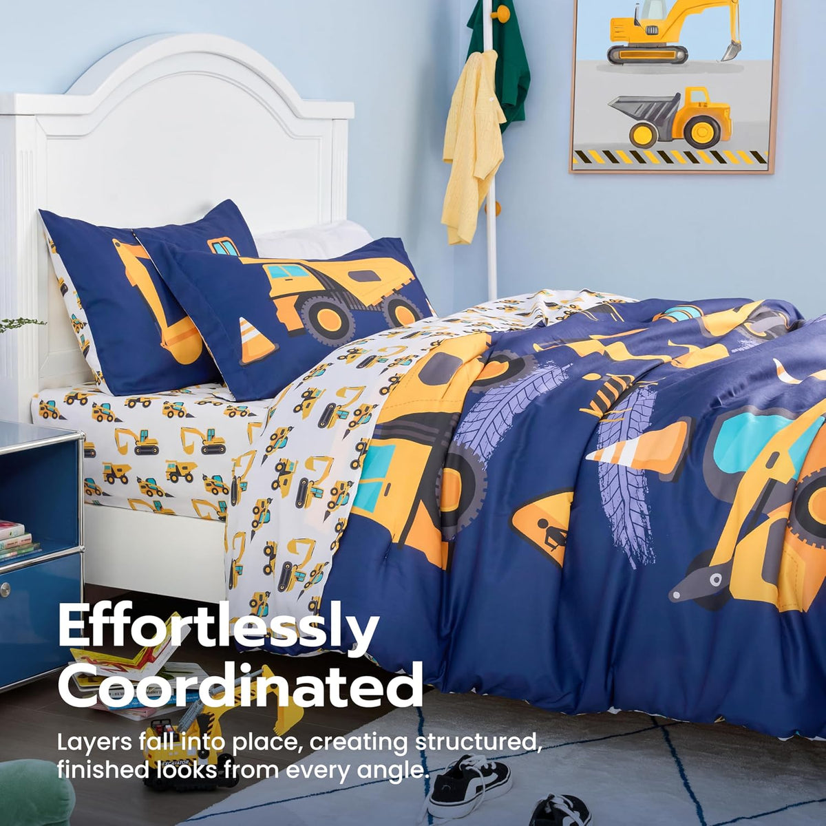 Joiedomi Kids Comforter Set Bedding Set for Boys Girls Super Soft Microfiber Bed in a Bag with Comforter Sheets Pillowcase Sham, Dark Blue Construction Vehicle, Twin