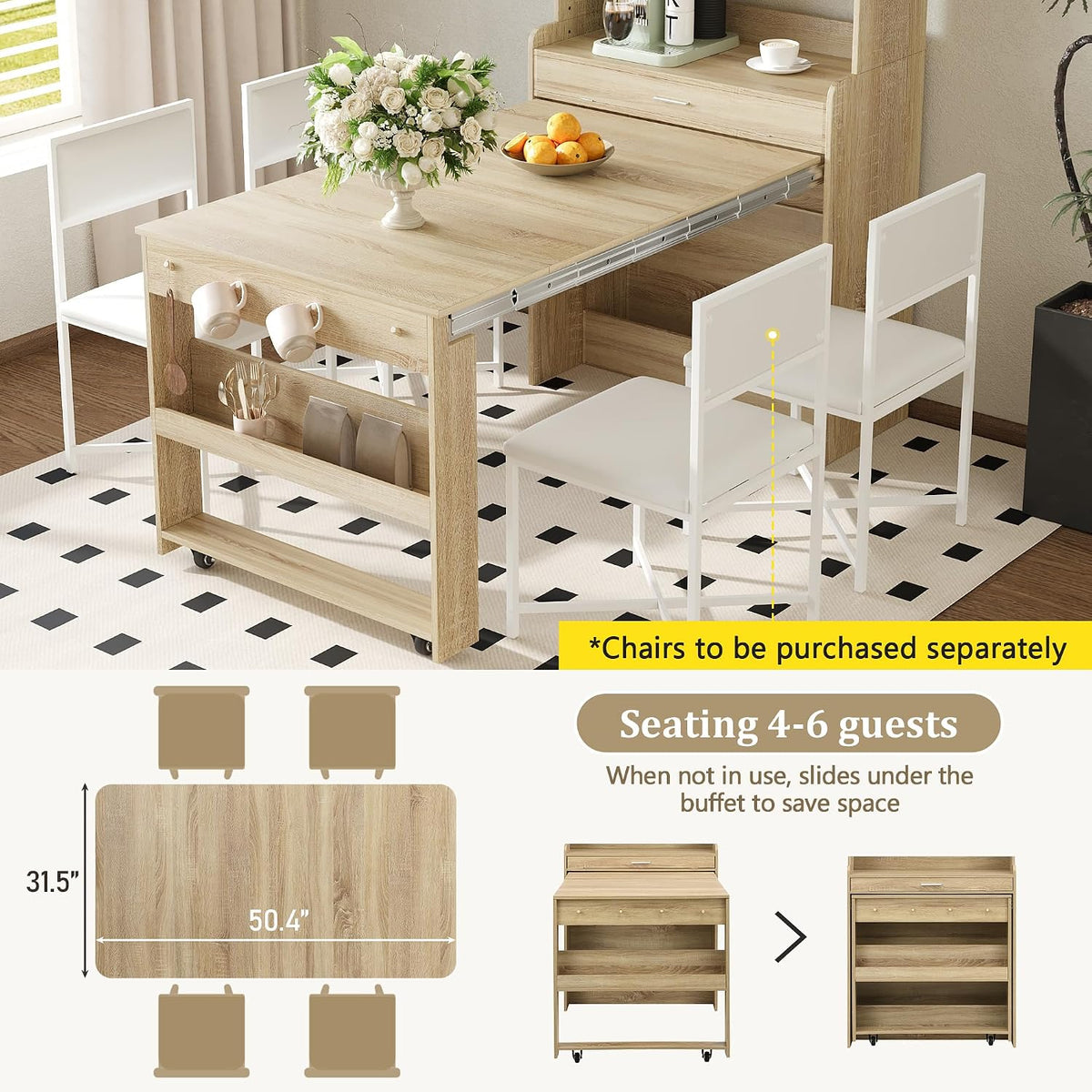Merax Sideboard Buffet Cabinet with Foldable Dining Table, Multifunctional Cupboard with Storage Shelf and Hooks, for Small Places,Studio, Apartment